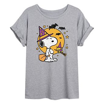 Juniors' Peanuts Snoopy & Woodstock Halloween Oversized Tee