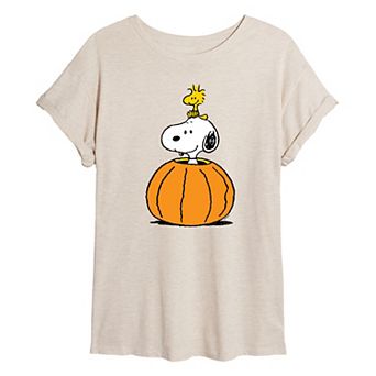 Juniors' Peanuts Snoopy & Woodstock Pumpkin Oversized Tee