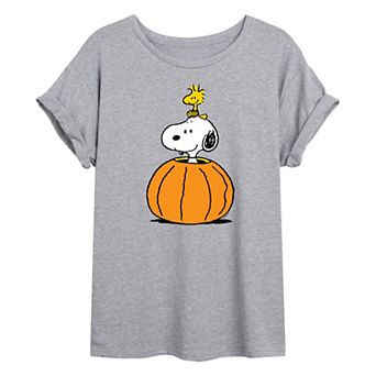 Juniors' Peanuts Snoopy & Woodstock Pumpkin Oversized Tee