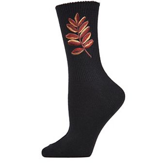 Women's Embroidered Golden Leaf Vintage Style Crew Sock