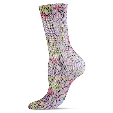 Women's Lounge Lizard Print Colorful Fishnet Crew Sock