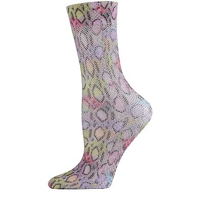 Women's Lounge Lizard Print Colorful Fishnet Crew Sock