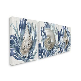 Stupell Home Decor Trio of Shell Coral Blue Beach Design Canvas Wall Art