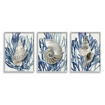 Stupell Home Decor Trio of Shell Coral Blue Beach Design Framed Wall Art