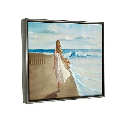 Stupell Home Decor Walk On The Beach Blue Ocean Painting Metallic Frame Wall Art