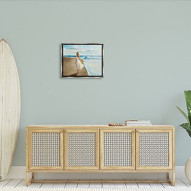 Stupell Home Decor Walk On The Beach Blue Ocean Painting Metallic Frame Wall Art