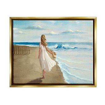 Stupell Home Decor Walk On The Beach Blue Ocean Painting Metallic Frame Wall Art