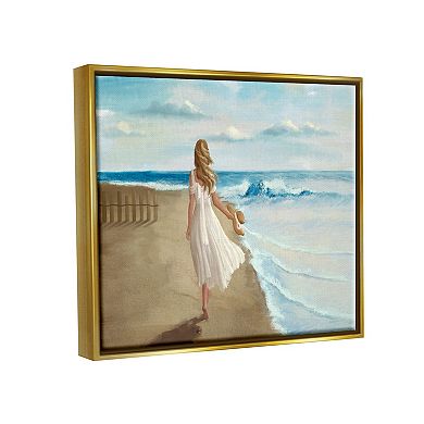 Stupell Home Decor Walk On The Beach Blue Ocean Painting Metallic Frame Wall Art