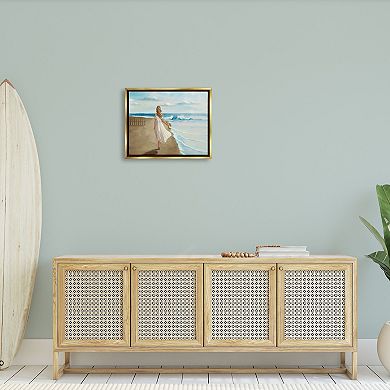 Stupell Home Decor Walk On The Beach Blue Ocean Painting Metallic Frame Wall Art