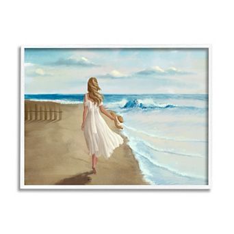 Stupell Home Decor Walk On The Beach Blue Ocean Painting Framed Wall Art