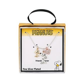Peanuts Tri-Tone Crystal Snoopy, Woodstock, & Heart Charm Pendant Necklace