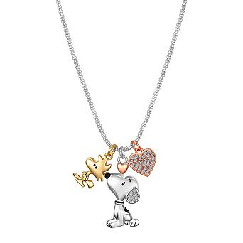 Peanuts Tri-Tone Crystal Snoopy, Woodstock, & Heart Charm Pendant Necklace