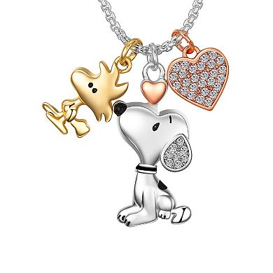 Peanuts Tri-Tone Cubic Zirconia Snoopy, Woodstock, & Heart Charm Pendant Necklace