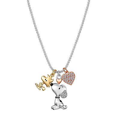 Peanuts Tri-Tone Cubic Zirconia Snoopy, Woodstock, & Heart Charm Pendant Necklace