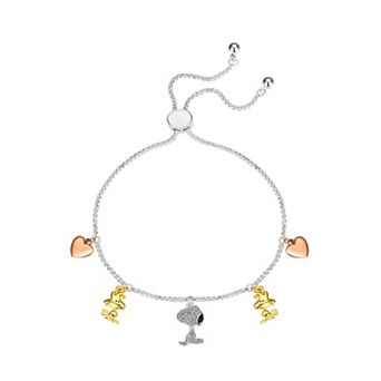Peanuts Tri-Tone Crystal Snoopy, Woodstock, Heart Charm Bolo Bracelet