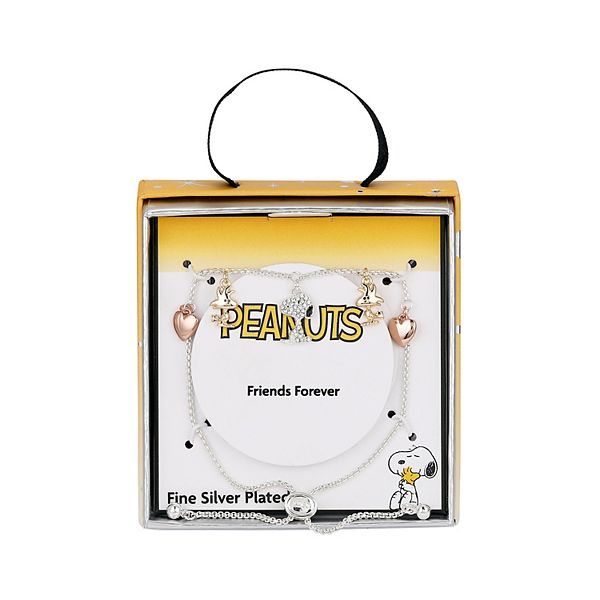 Peanuts Tri-Tone Crystal Snoopy, Woodstock, Heart Charm Bolo Bracelet - Silver Tone