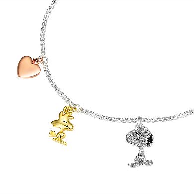 Peanuts Tri-Tone Crystal Snoopy, Woodstock, Heart Charm Bolo Bracelet