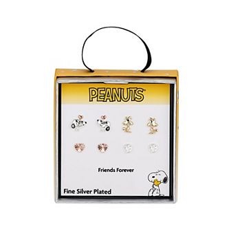 Peanuts Tri-Tone Cubic Zirconia Snoopy, Woodstock, & Heart Stud Earrings Quartet