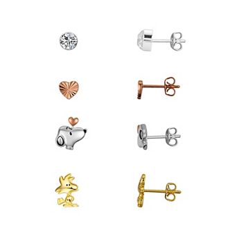 Peanuts Tri-Tone Cubic Zirconia Snoopy, Woodstock, & Heart Stud Earrings Quartet