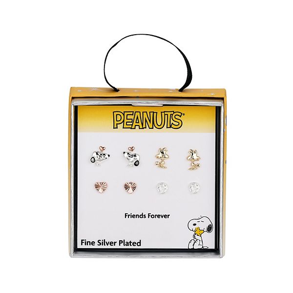 Peanuts Tri-Tone Cubic Zirconia Snoopy, Woodstock, & Heart Stud Earrings Quartet - Silver Tone