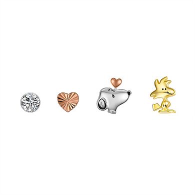 Peanuts Tri-Tone Cubic Zirconia Snoopy, Woodstock, & Heart Stud Earrings Quartet