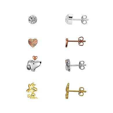 Peanuts Tri-Tone Cubic Zirconia Snoopy, Woodstock, & Heart Stud Earrings Quartet