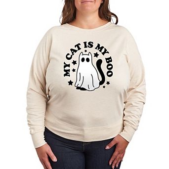 Plus Size My Cat Is My Boo Halloween French Terry Long Sleeve Tee