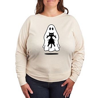 Plus Size Ghost Holding Black Cat French Terry Long Sleeve Tee