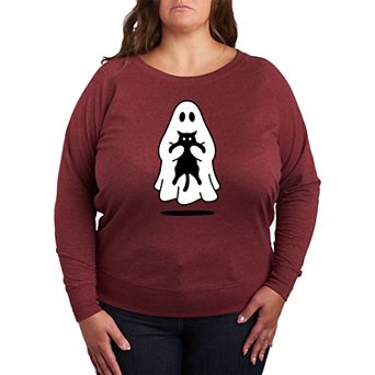 Plus Size Ghost Holding Black Cat French Terry Long Sleeve Tee