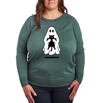 Plus Size Ghost Holding Black Cat French Terry Long Sleeve Tee
