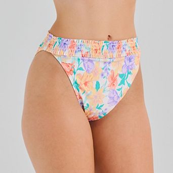 Juniors' Ninety-Nine° Smocked Band High-Waist Ultra Cheeky High Leg Swim Bottoms