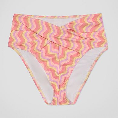 Juniors' Ninety-Nine° Wavy Baby Twist Front High Waist High Leg Cheeky Swim Bottoms