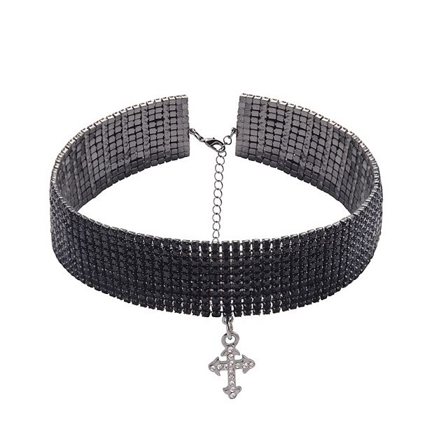 Emberly Hematite Black Simulated Stone Cross Pendant Choker Necklace