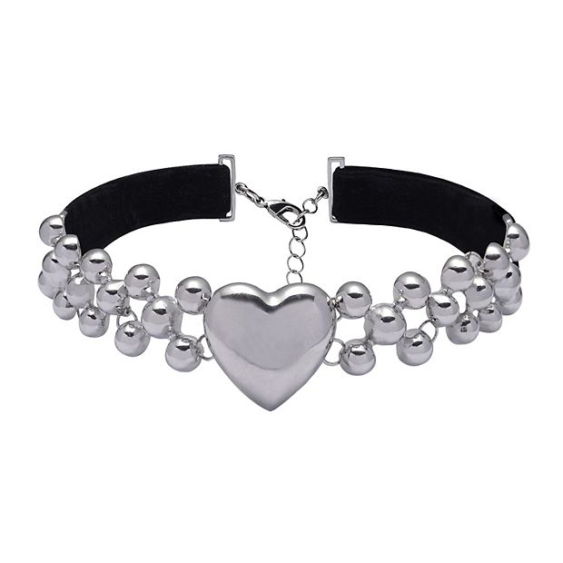 Emberly Black Velvet Ribbon Beaded Center Heart Choker Necklace