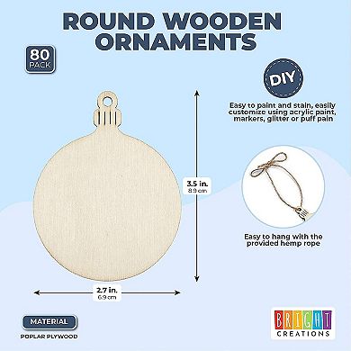 80x Round Wooden Disc For Crafts Diy Christmas Ornaments Hanging Decor 2.7x3.5"