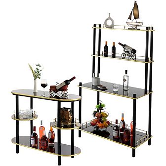 Set Of 2 Pieces, Bartender Serving Display Station, Bar Console Working Counter With Open Shelves