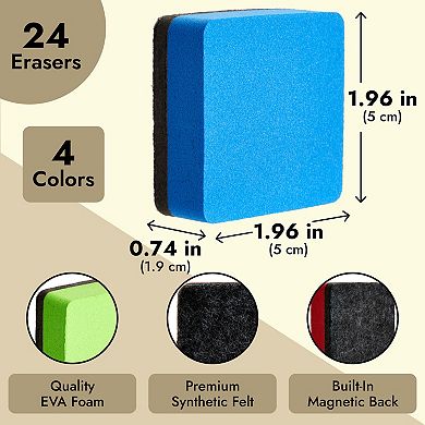 24 Pack Magnetic Mini Dry Erase Erasers For Classroom, 4 Colors, 1.96 X .74 In