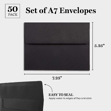 50 Pack Black 5.25x7.25 Envelopes for Invitations, Wedding, Graduation