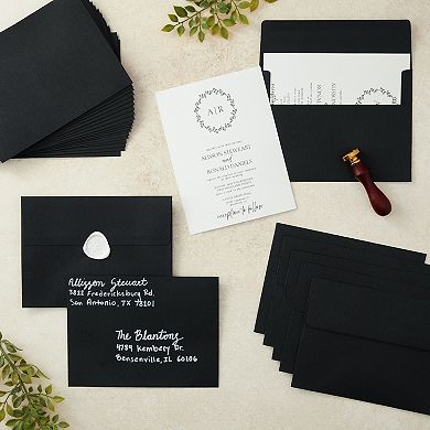 50 Pack Black 5.25x7.25 Envelopes for Invitations, Wedding, Graduation