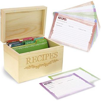 Wood Recipe Organization Box With Cards And Dividers For Diy, 7.2"x 5"x 4.7"