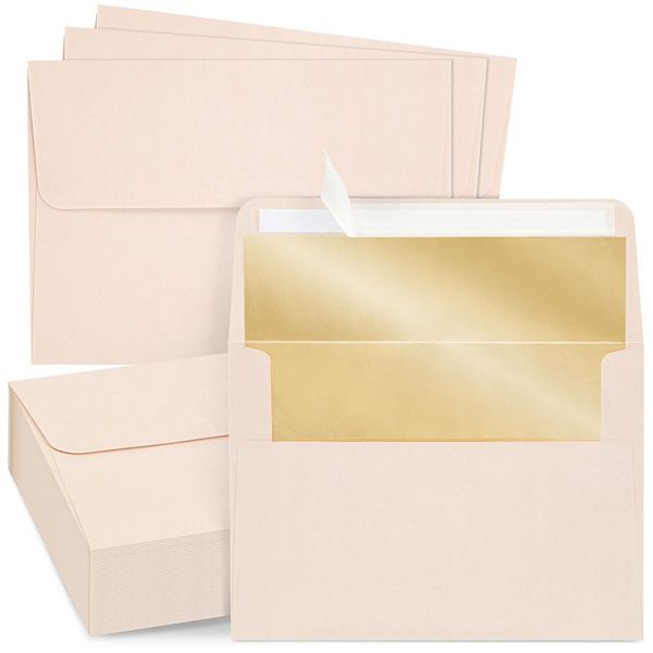 50 Pack Blush Pink Envelopes 5x7 Bronze Lining, A7 Size For Wedding