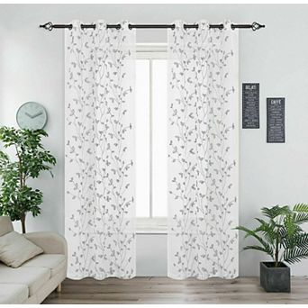 Kate Aurora 2 Pack Floral Leaf Embroidered Grommet Sheer Curtains