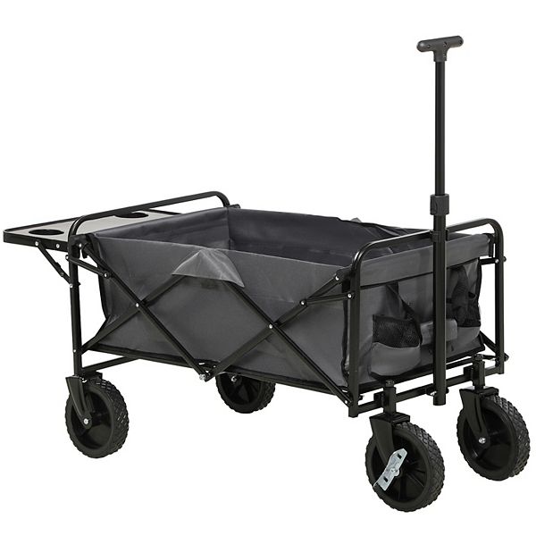 Outsunny Foldable Wagon Graden Carts With Wheels And Side Table - Gray