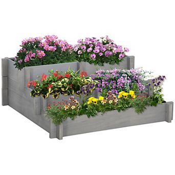 Raised Garden Bed, 3 tier 5 Compartments, Draining, Wood Flower Box