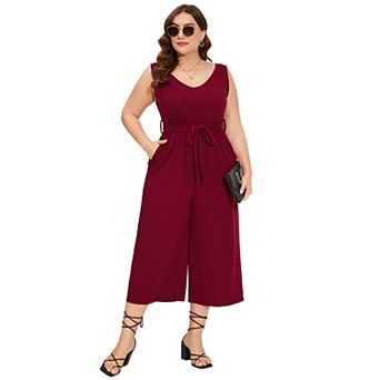Women's Plus Size V Neck Rompers Ruffle Sleeve Belted Wide Leg Pants Summer Casual Long Jumpsuit