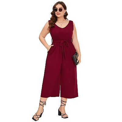 Women s Plus Size V Neck Rompers Ruffle Sleeve Belted Wide Leg Pants Summer Casual Long Jumpsuit