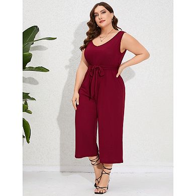 Women's Plus Size V Neck Rompers Ruffle Sleeve Belted Wide Leg Pants Summer Casual Long Jumpsuit
