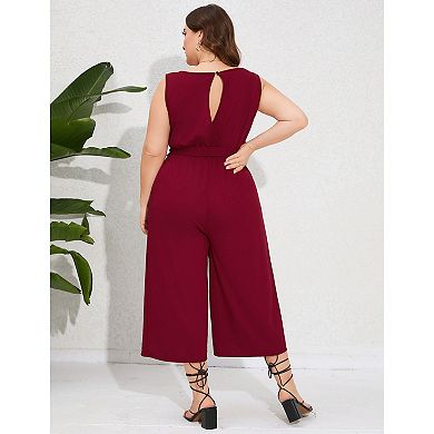 Women's Plus Size V Neck Rompers Ruffle Sleeve Belted Wide Leg Pants Summer Casual Long Jumpsuit