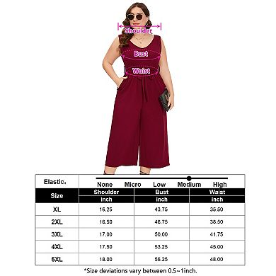 Women's Plus Size V Neck Rompers Ruffle Sleeve Belted Wide Leg Pants Summer Casual Long Jumpsuit