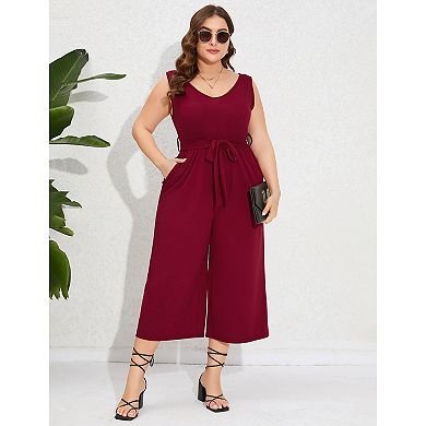 Women's Plus Size V Neck Rompers Ruffle Sleeve Belted Wide Leg Pants Summer Casual Long Jumpsuit